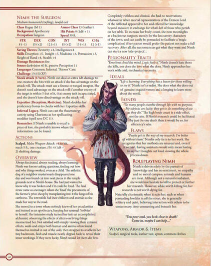 A background write up for a tiefling woman wearing a bloody apron