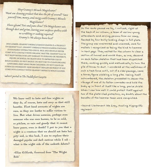 Three bits of parchment - one contains a newspaper ad, one a diary entry, and one an extract from an in-world non-fiction book.