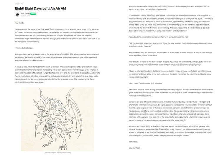 A line drawing of an ancient vampire sits among text