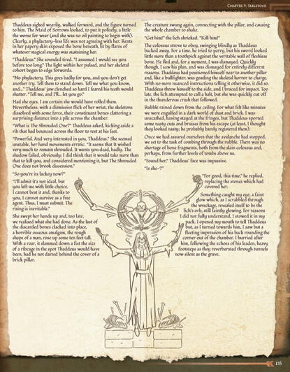 A line-art image of a rich raising a giant, skeletal being accompanies writing on a parchment background